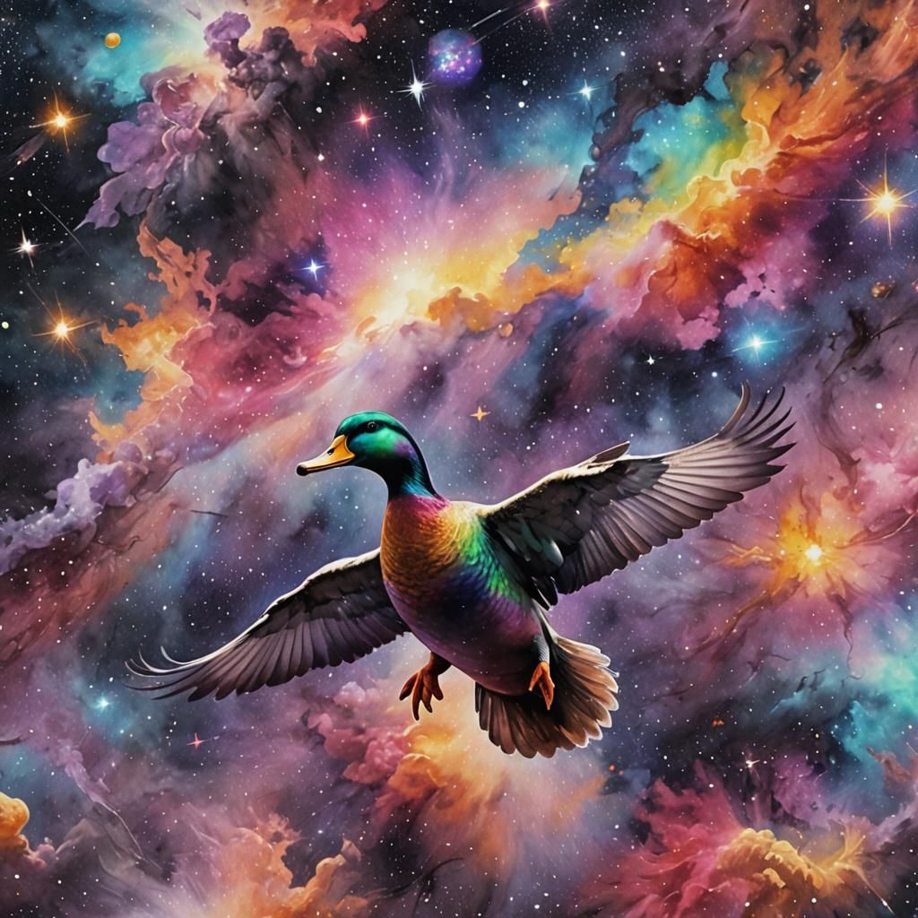 Cosmic Space Duck Flying Through Nebula in Watercolor