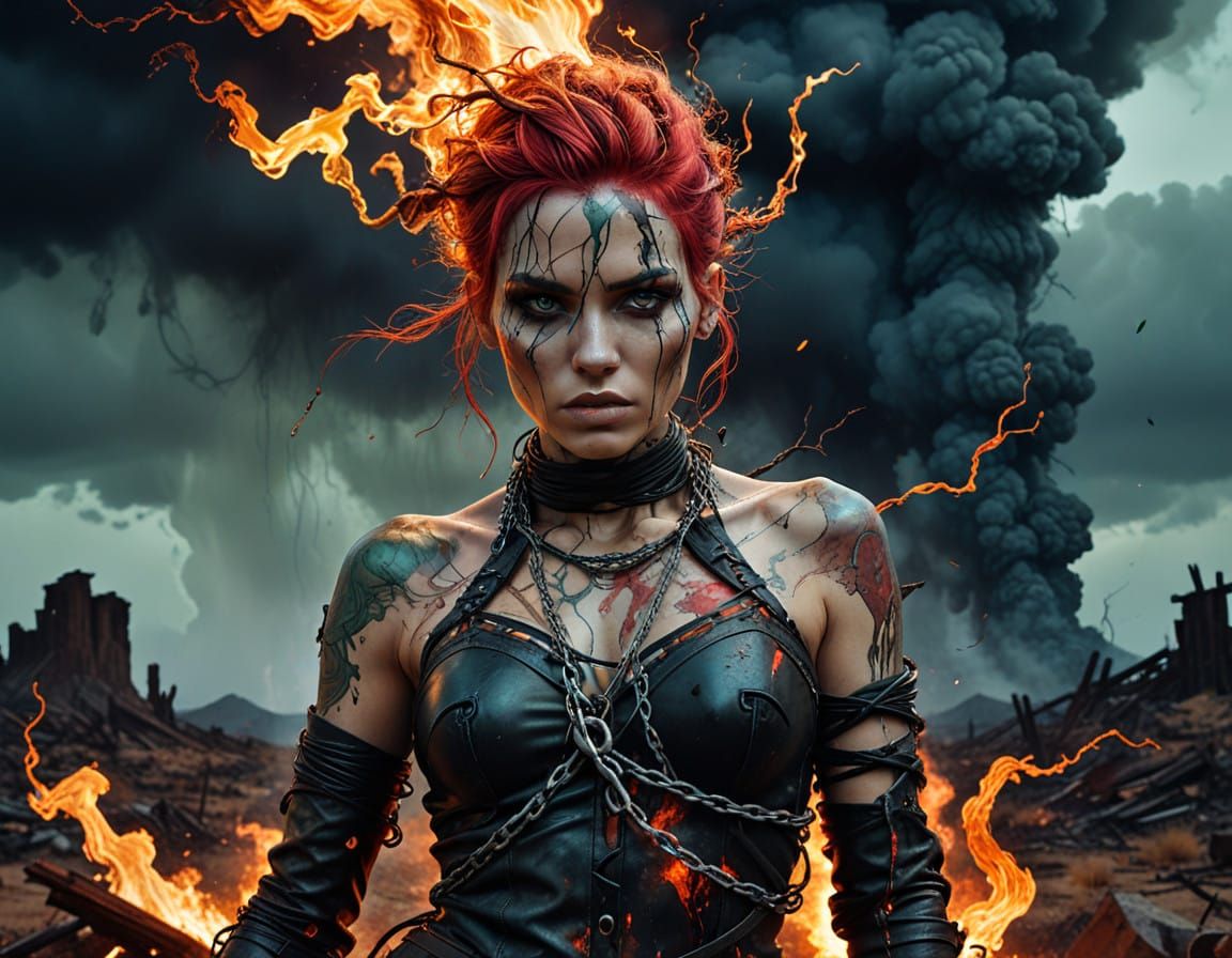 Cyberpunk Goddess Rises from Apocalypse in Tattered Leather