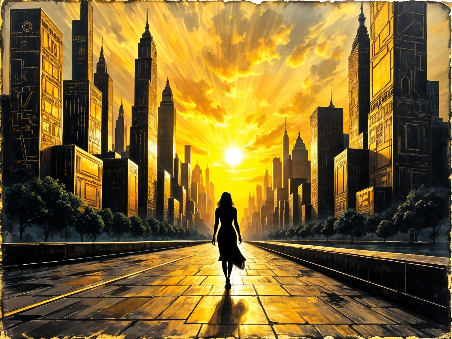 Golden Cityscape at Sunset in Art Deco Style