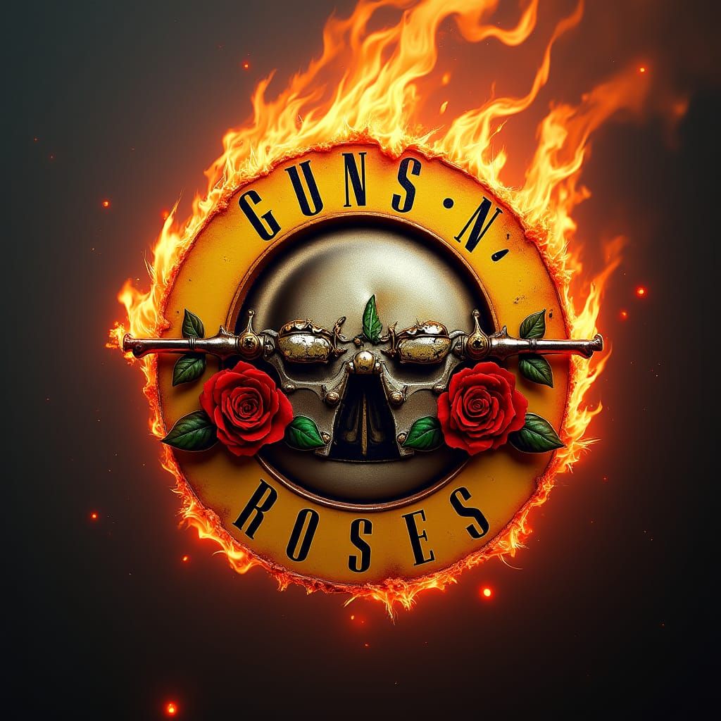 Fiery Guns N' Roses Emblem in Fantasy Art Style