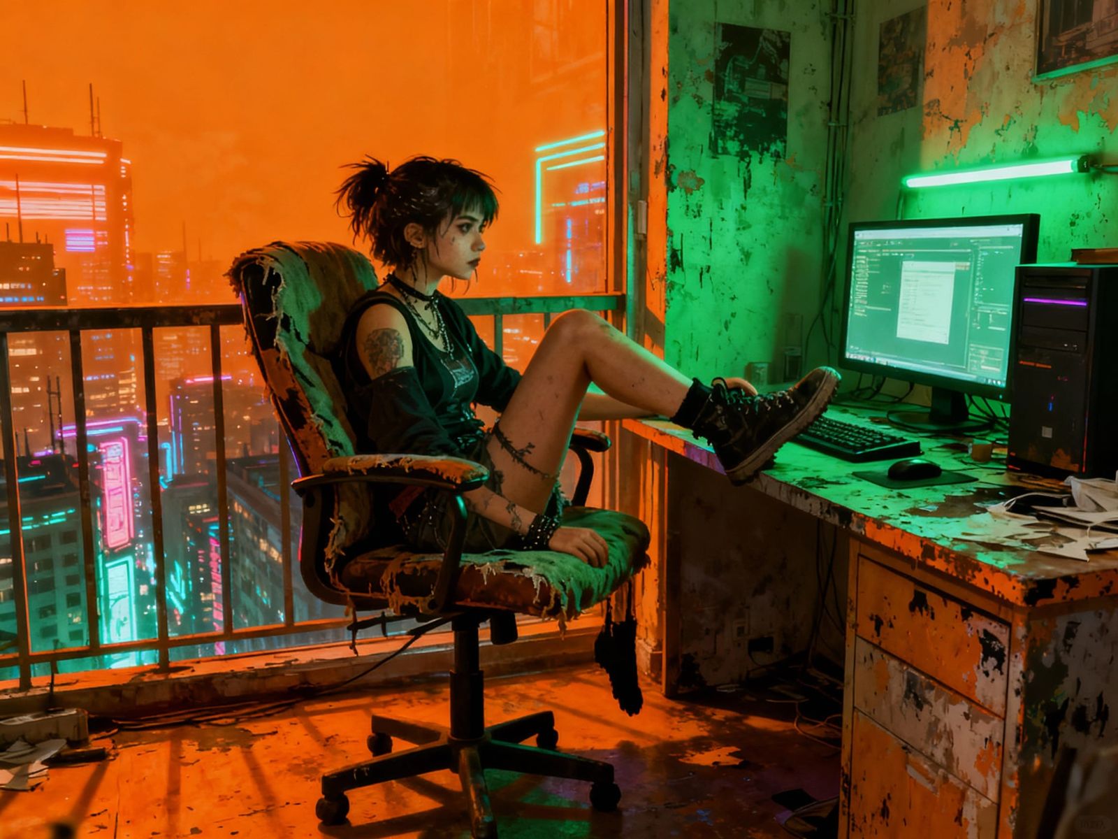 Grunge Girl in Cyberpunk Apartment with City View