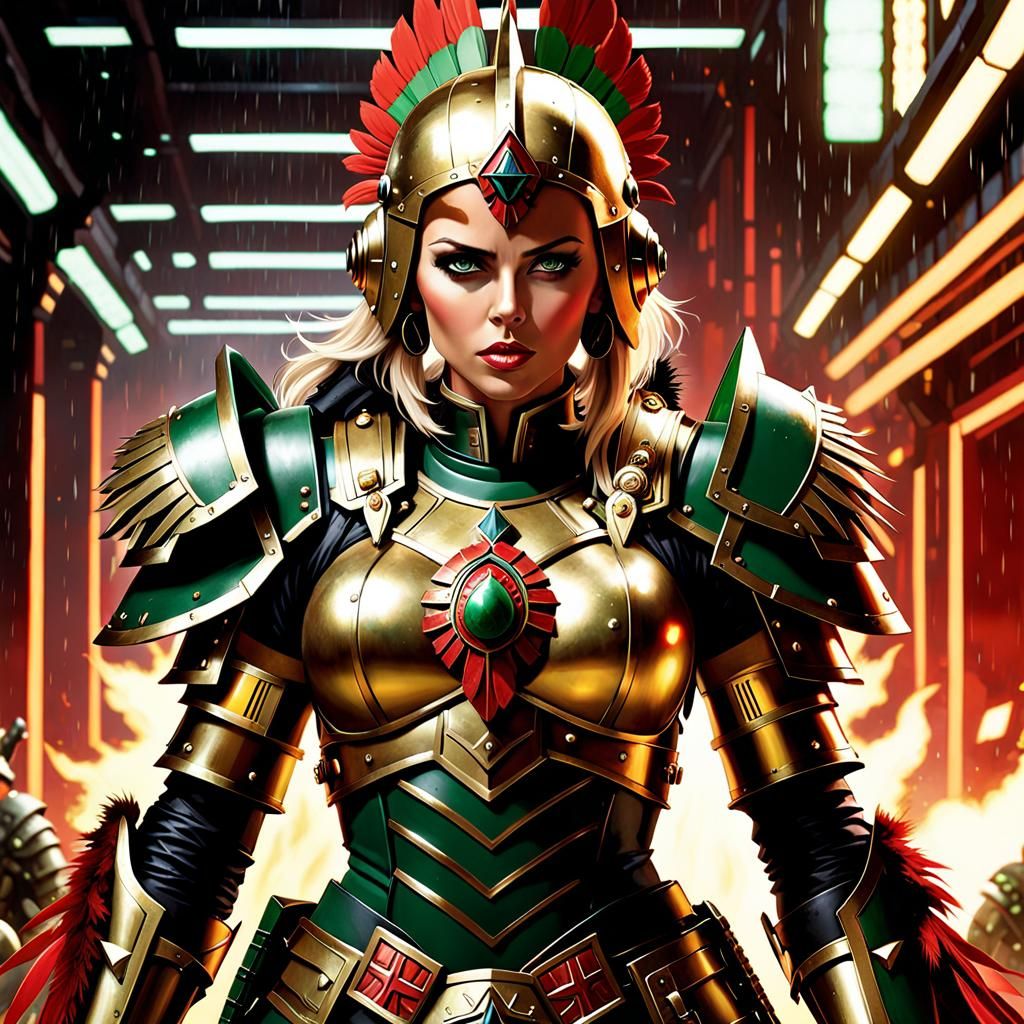 Female Space Marine with Aztec Headdress in Synthwave Style