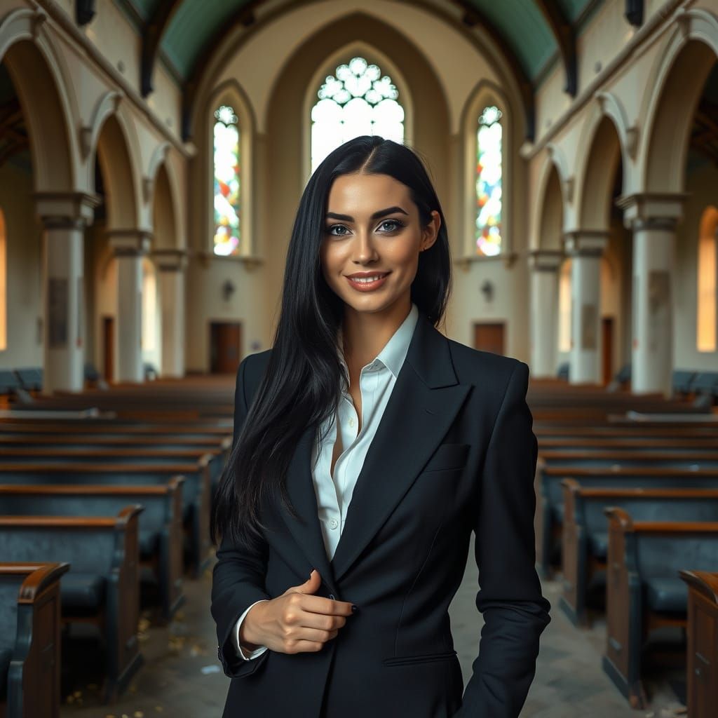 Mysterious Woman Posing in Abandoned Church in a Cyberpunk S...