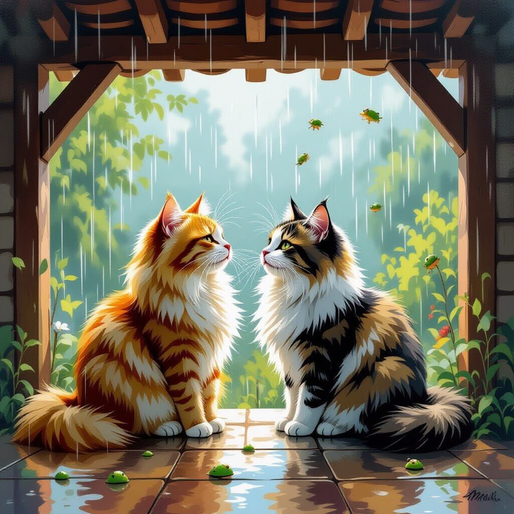 Fluffy Cat Couple in Surreal Frog Rain