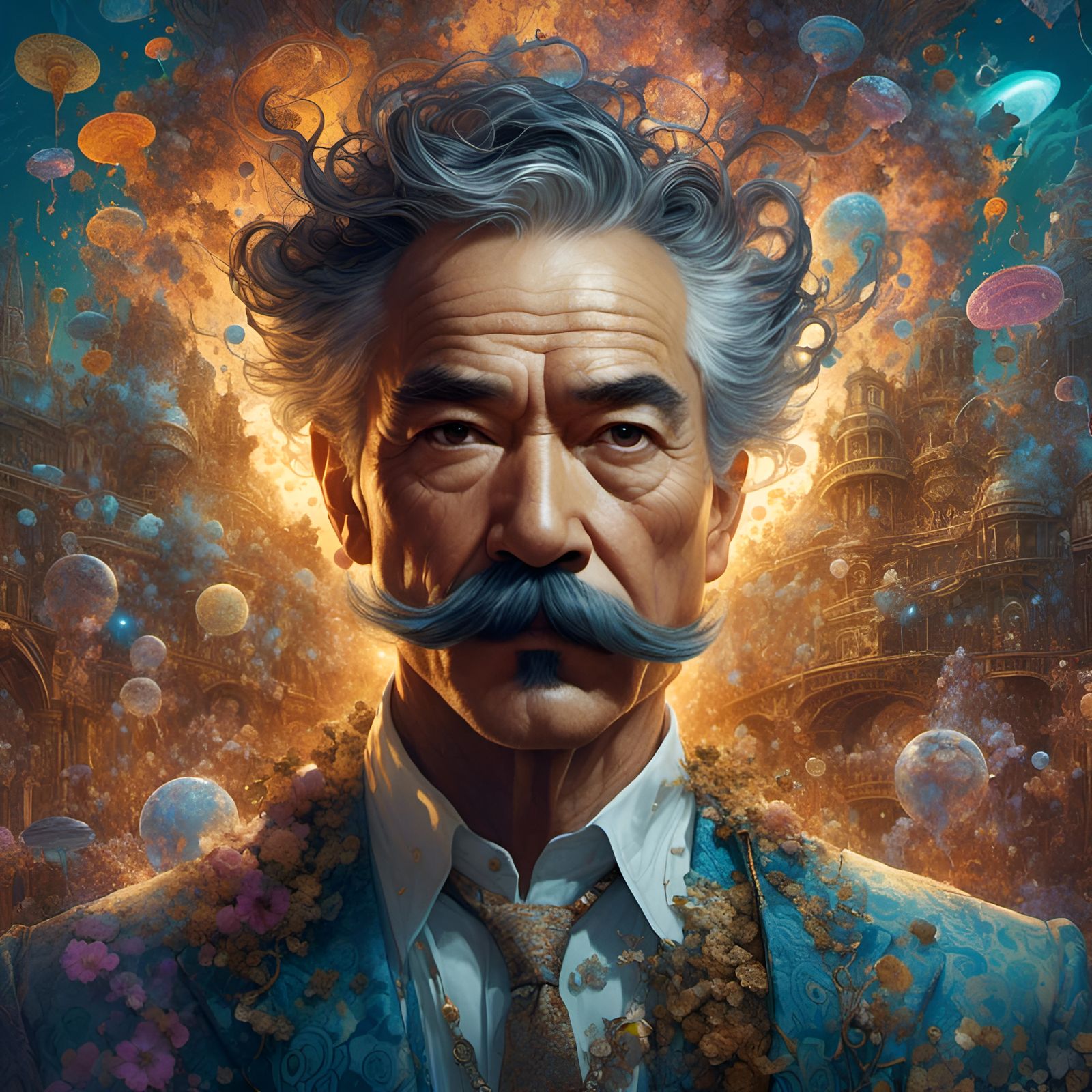 Mustached Man Portrait with Question Marks in Hyperreal Styl...