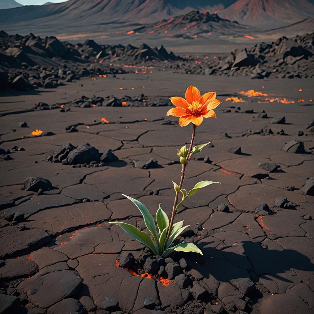 Lone Flower Blooms in Barren Landscape: Hyper-Realistic Art