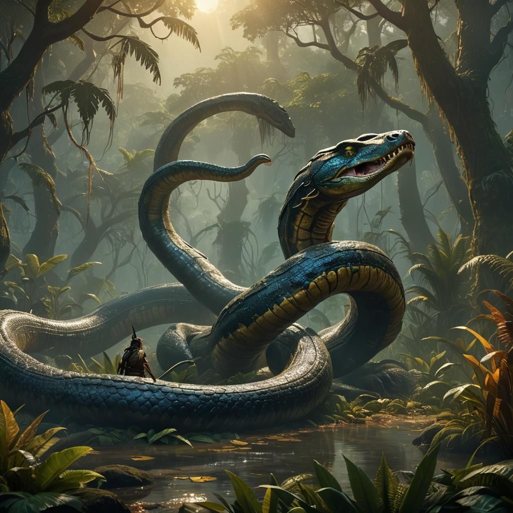 Titanoboa Attacks Indian in Fantasy Forest