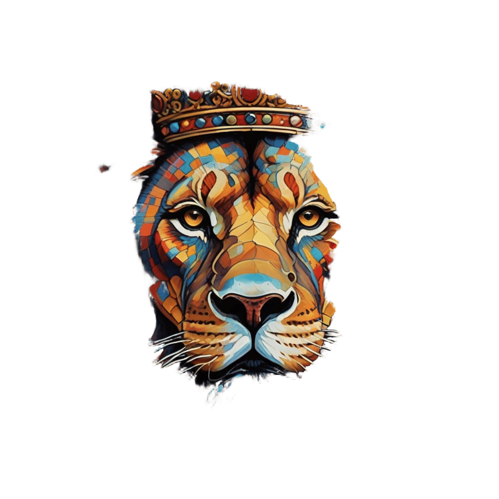 Lion Face in Vibrant Mandalas with Regal Crown