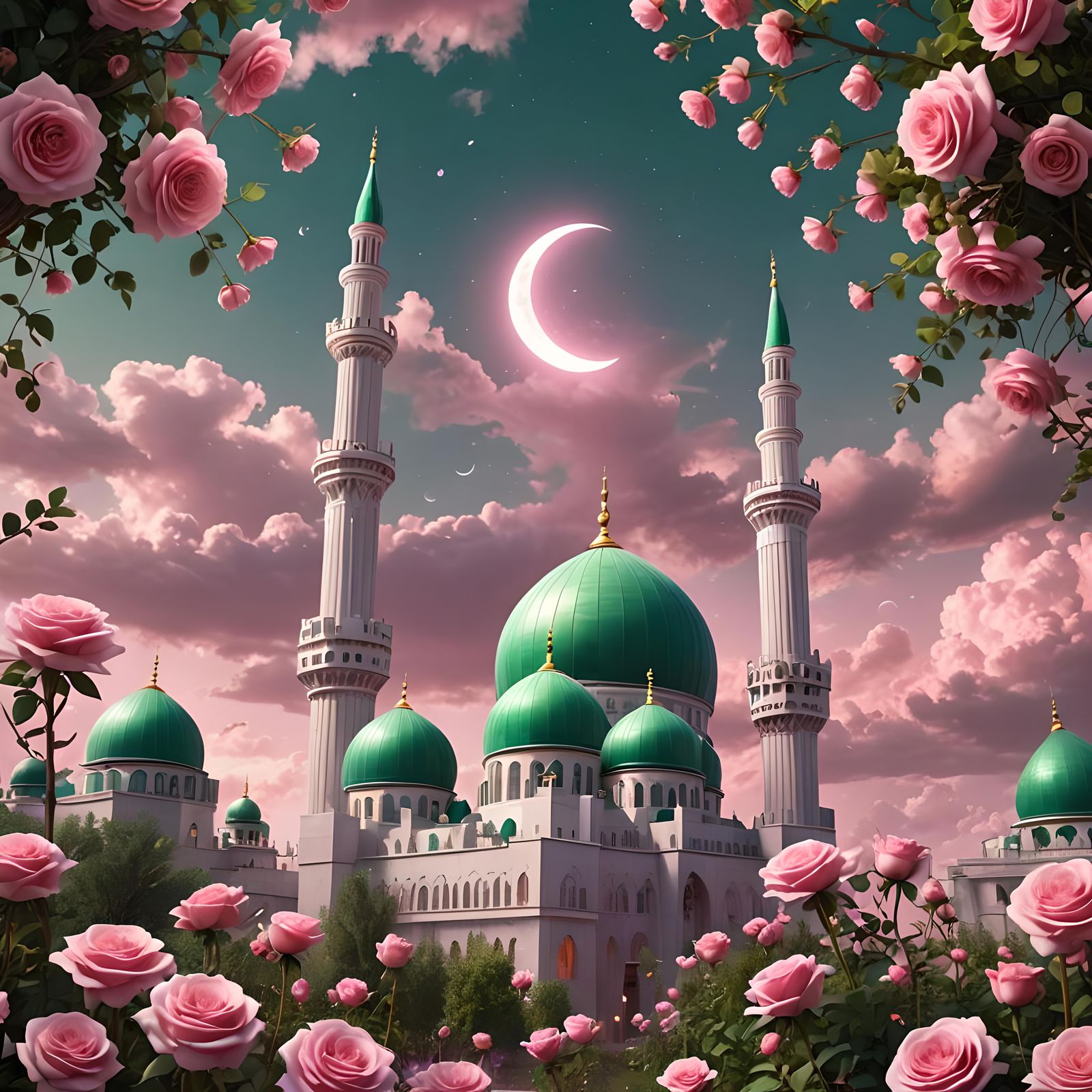 Hyperrealistic 3D Mosque with Pink Flowers and Moon