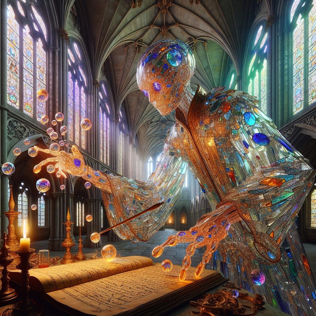 Stained-Glass Alchemist in Cathedral Laboratory