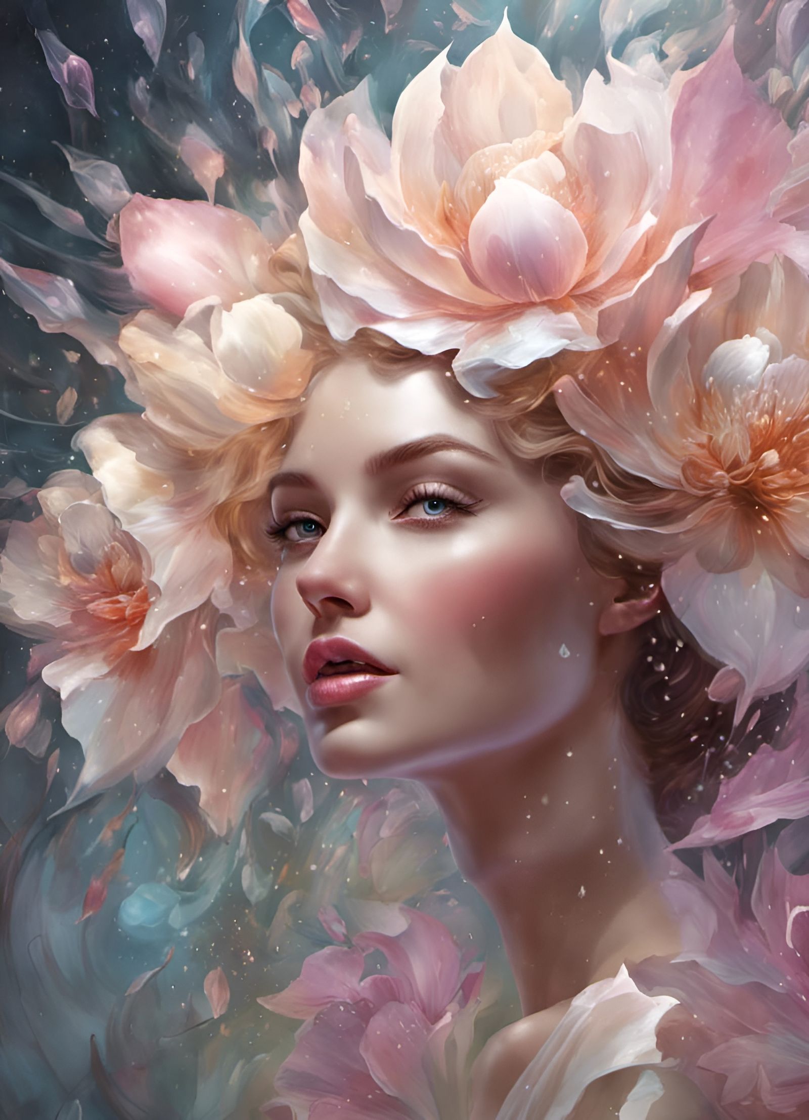 Surreal Portrait with Magnolias in Holographic Style