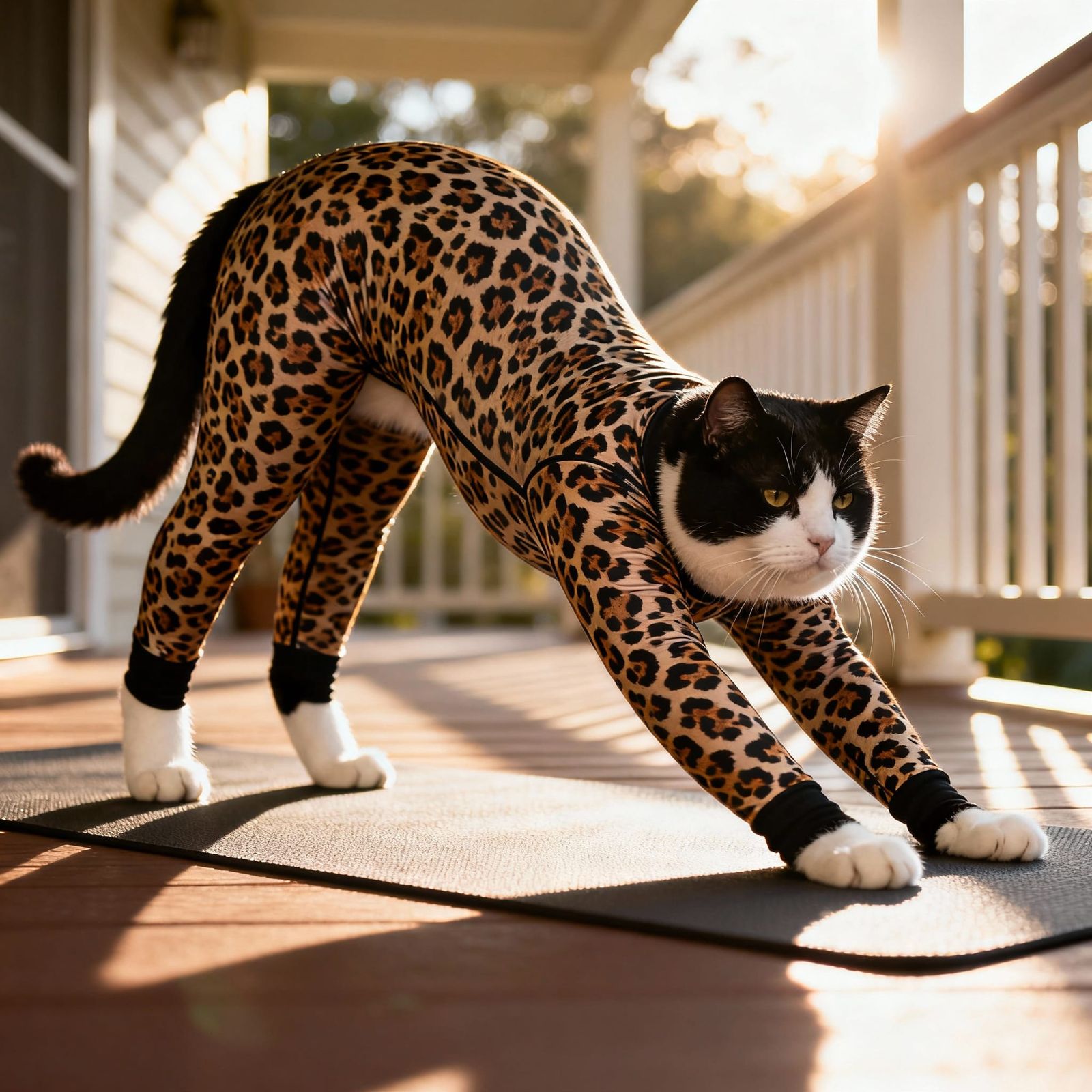Cat in Bodysuit Performs Yoga Pose in Morning Sun