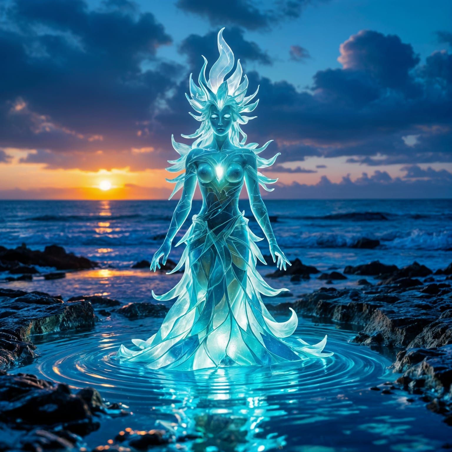 Sea Glass Spirit Sculpture Glowing in Twilight