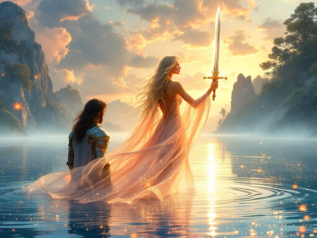 Ethereal Goddess of the Lake Rises with Radiant Excalibur