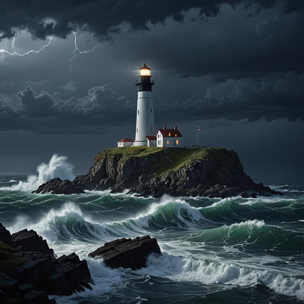 Stormy Midnight: Lighthouse and Ship at Sea