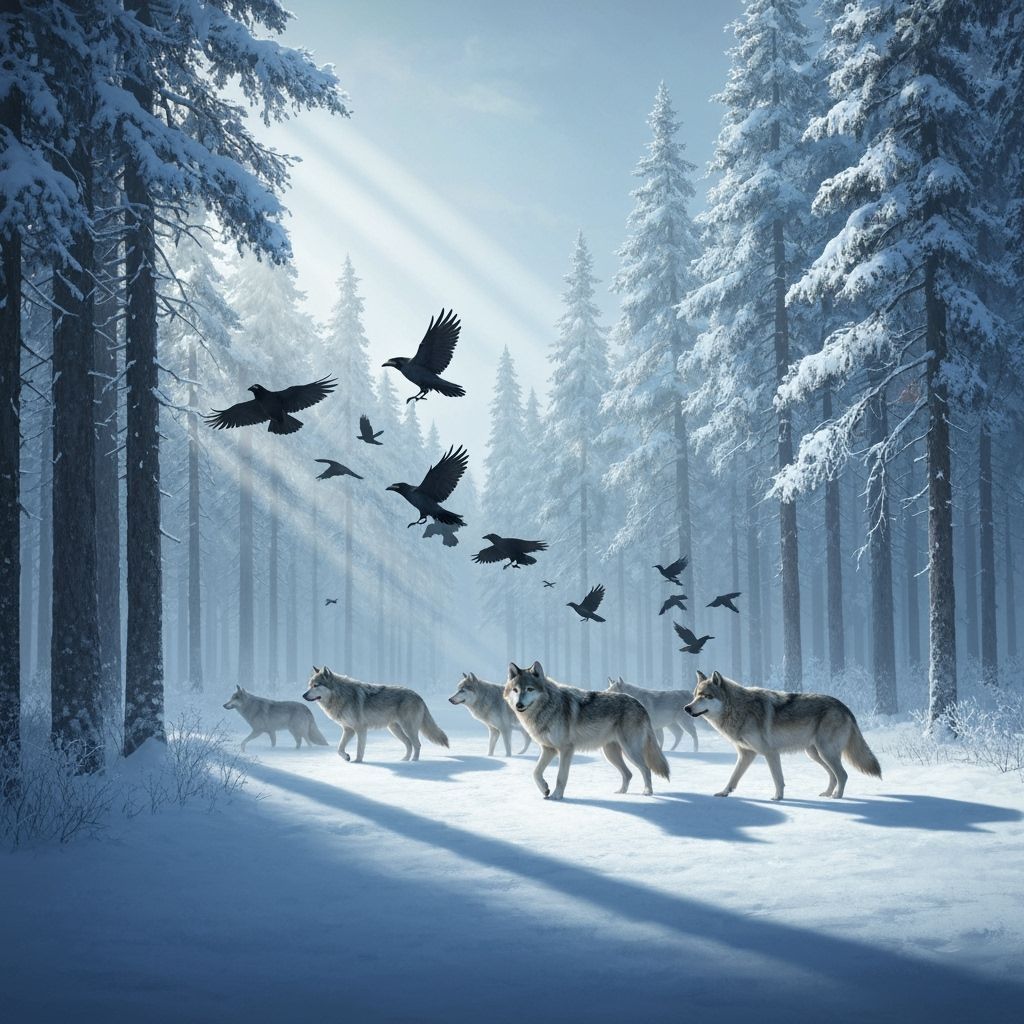 Ravens Guide Wolves in Snowy Forest Clearing