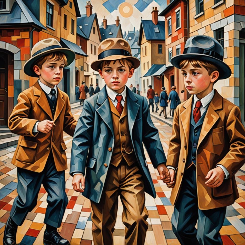 Cubist Victorian Children in Oil Painting Style