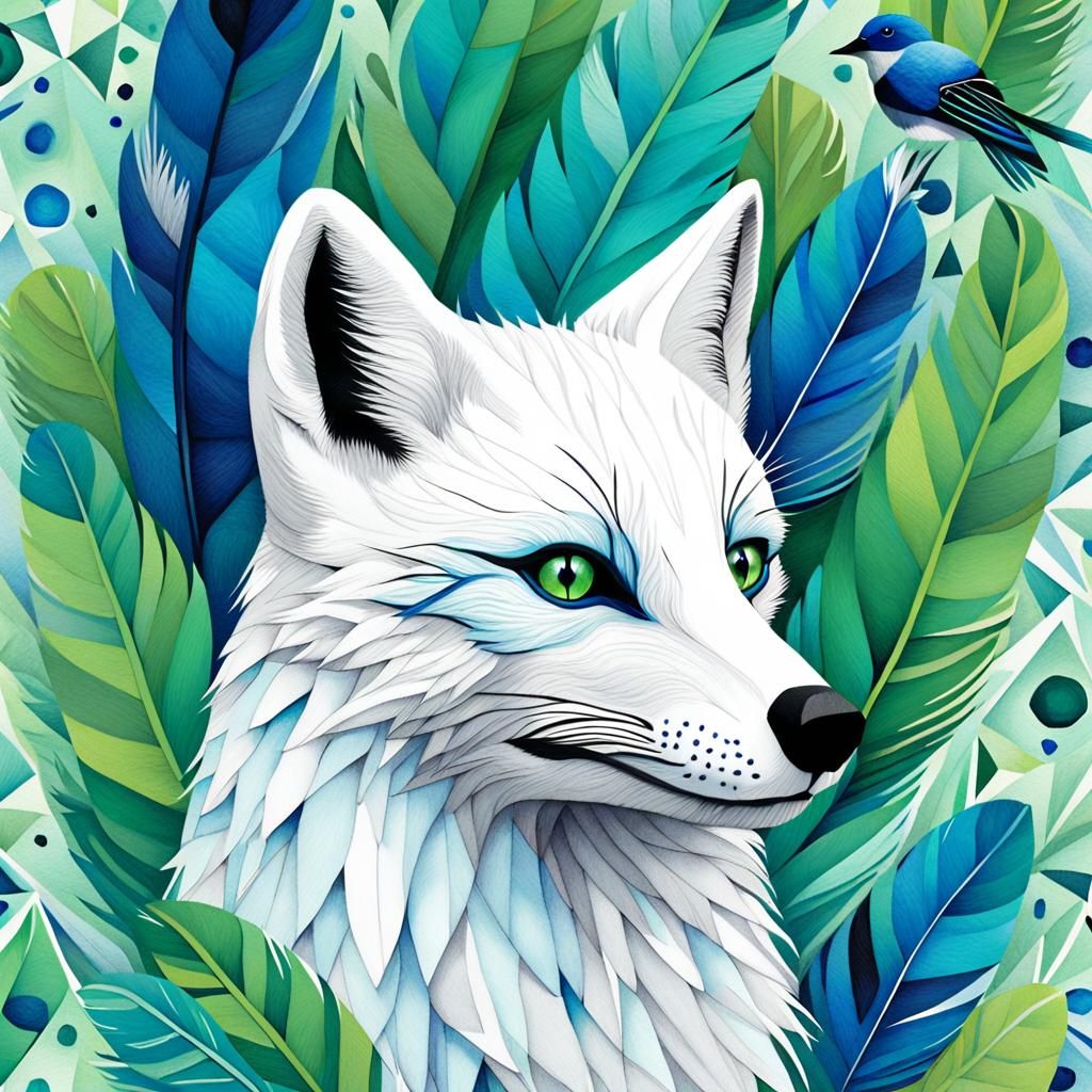 Vibrant Wildlife Art of a Fox Eating a Blue and Green Bird