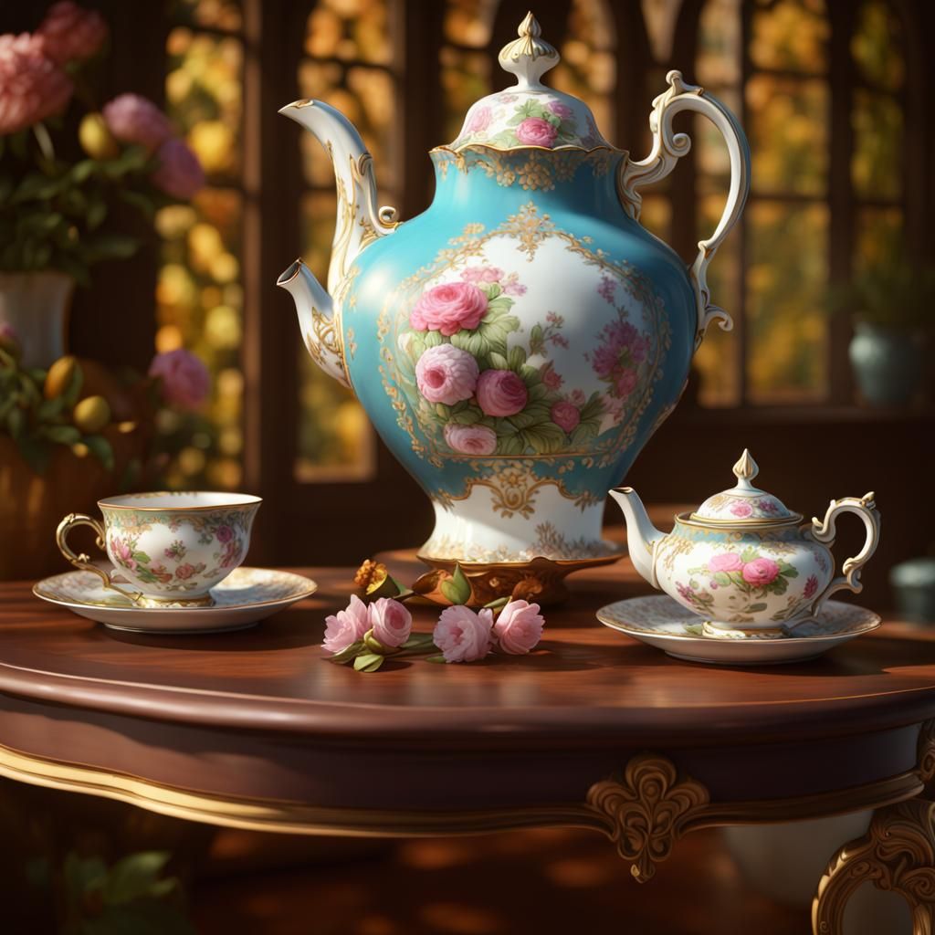 Rococo Porcelain Tea Set with Floral Painting