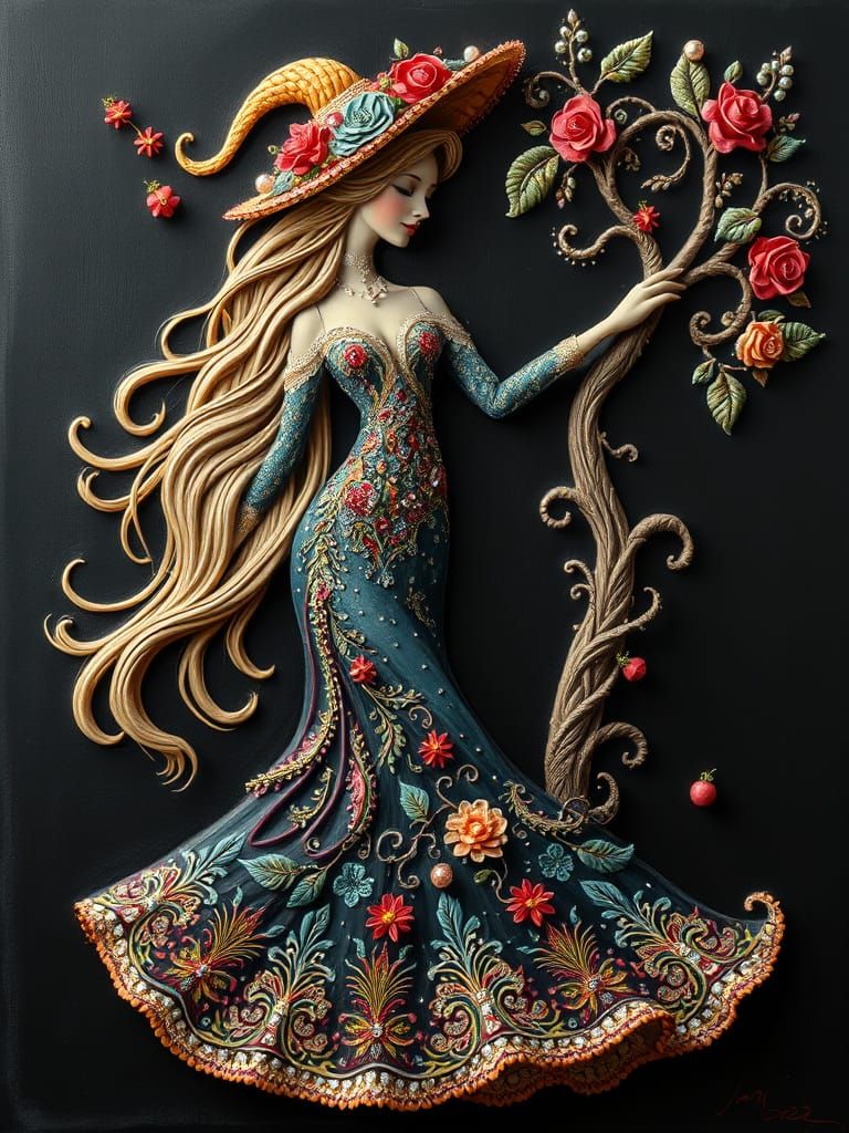 Surreal Whimsy: A Vibrant Chalk Art Relief of a Dancing Woma...