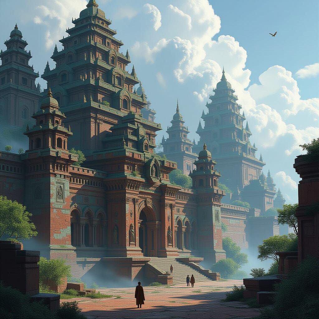 Mystical Ancient Wonders in Retro Sci-Fi Style