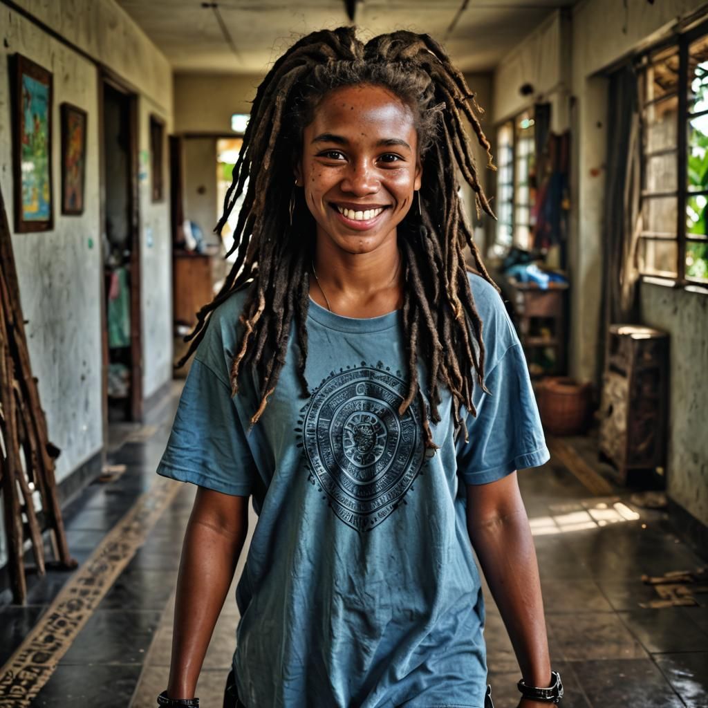 Full body beautiful Papua New Guinean woman with dark dreadlock hair, blue eyes, smiling, 22 years old, indoor photograp...