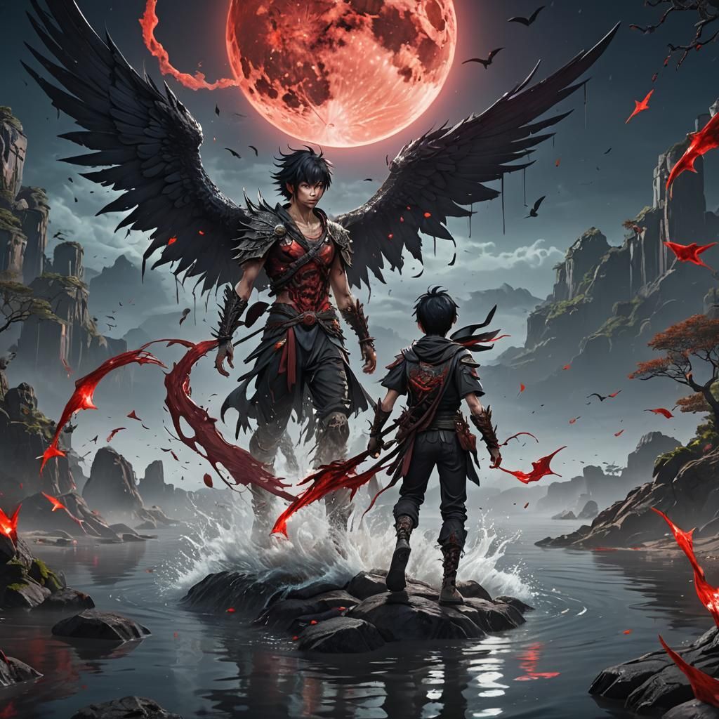 Anime Boy Walks on Water Under Bloody Moon
