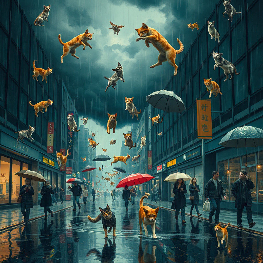 Cats and Dogs Rain in Surreal Cityscape
