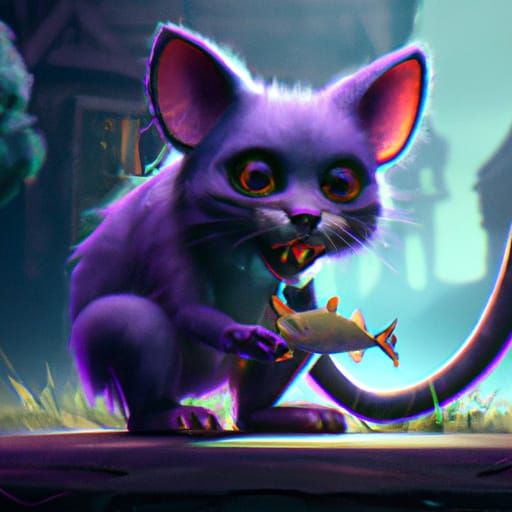 Violet Cat Eating Mouse: Detailed Matte Painting