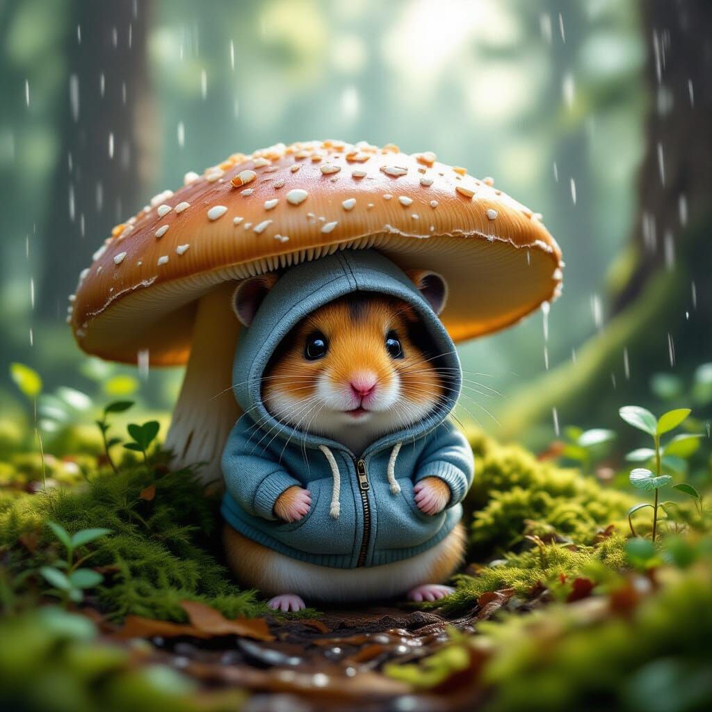 Hamster Hiding Under Mushroom in Forest, Realistic 3D