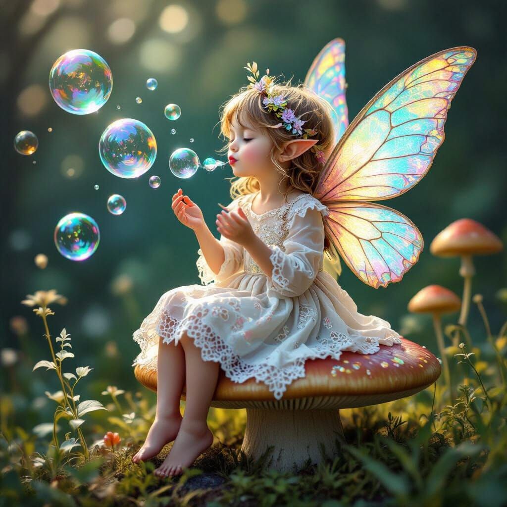 Fairy Child Blowing Bubbles with Astral Reflections
