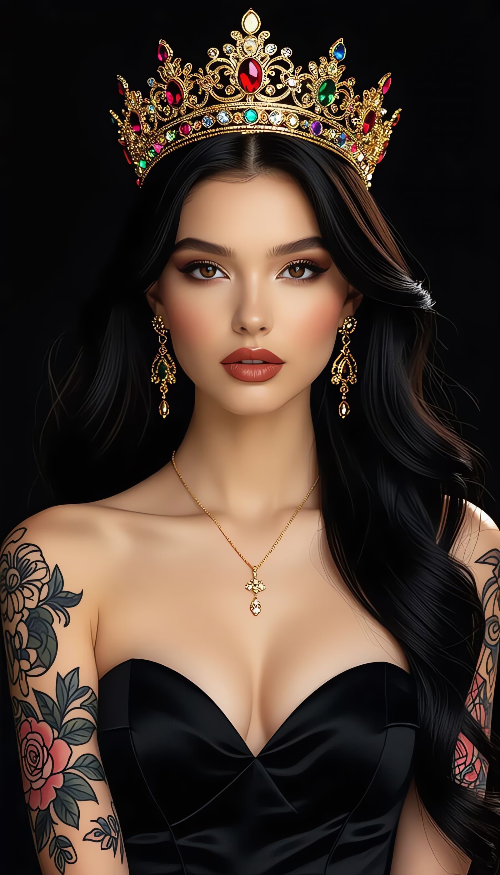 Regal Woman with Golden Crown and Tattoos