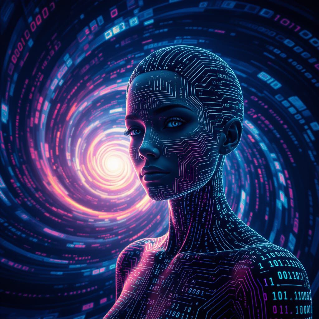 Digital Entity of Binary Code in Dramatic Cinematic Lighting