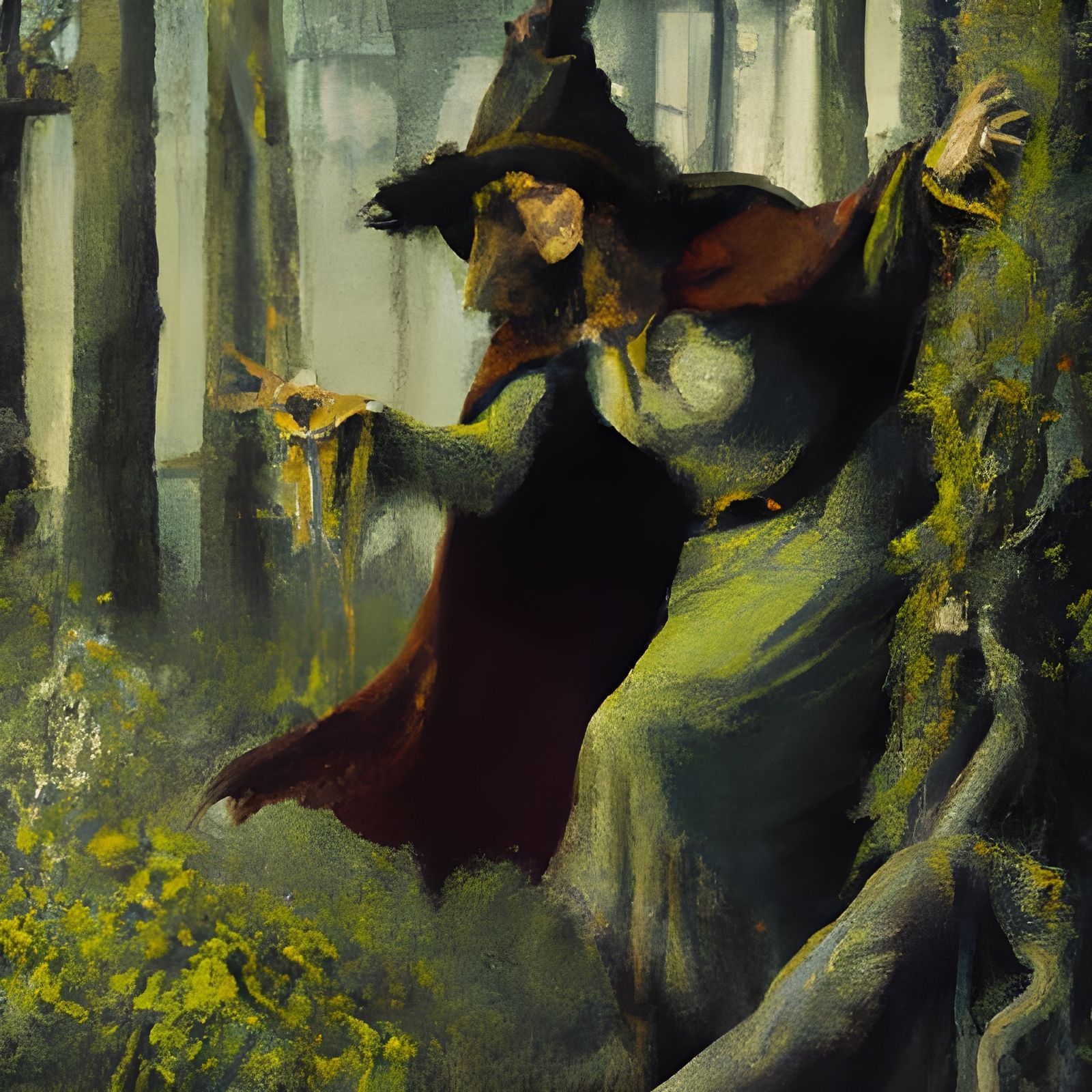 Enchanting Witch in Woods, Oil Painting Style
