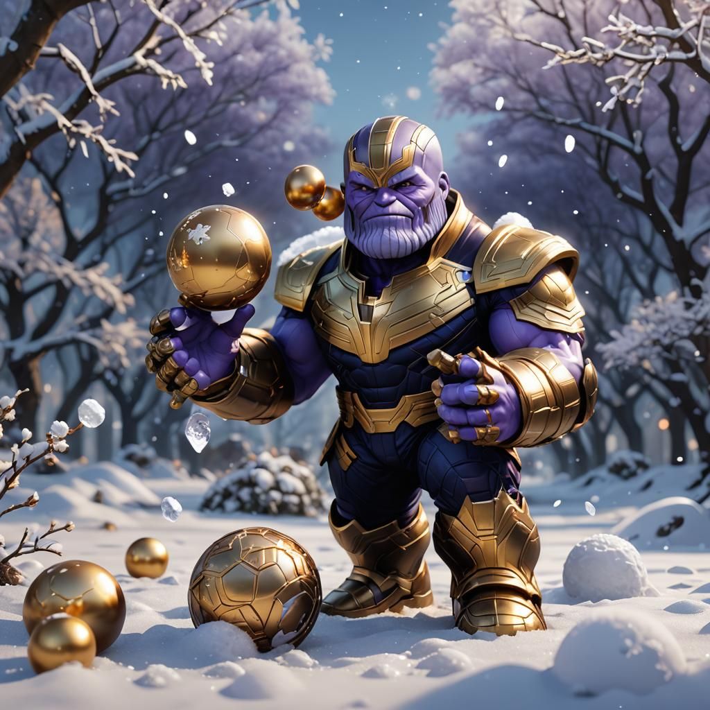 Happy Thanos Chibi with Snowball in 3D Anime Art