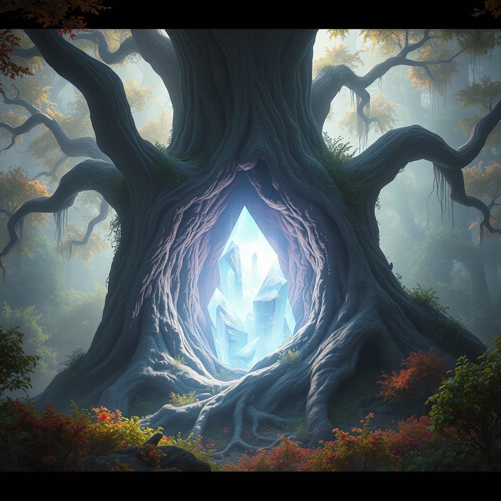 Ethereal Crystal Bloom in Ancient Tree