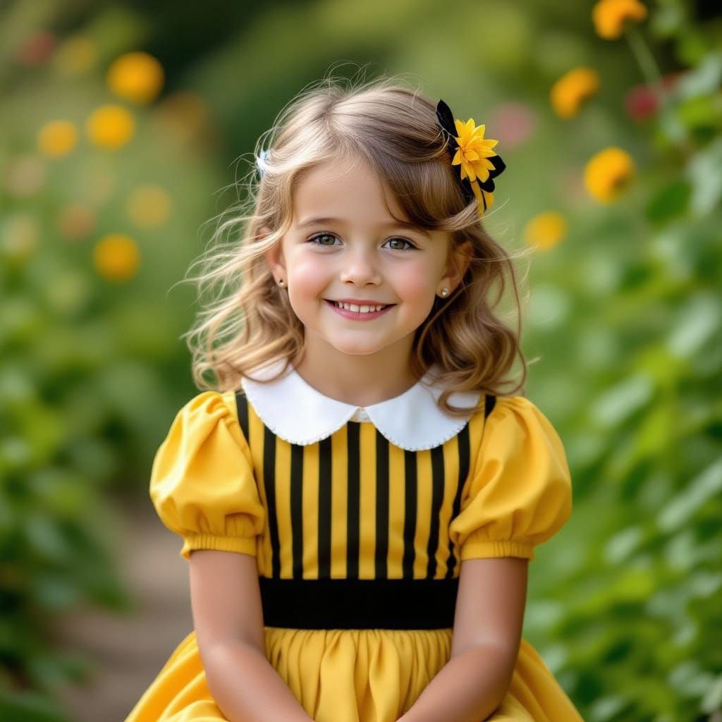 Sunny Girl in Yellow and Black Hive Dress, Whimsical Garden ...