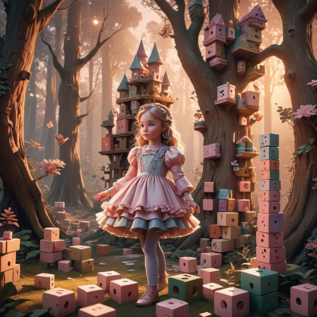 Girl Building Block Tower in Mystical Forest