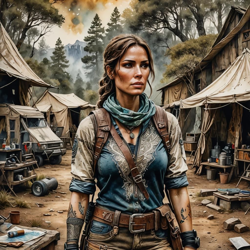 Inked Laura Croft Explorer in Rustic Campsite