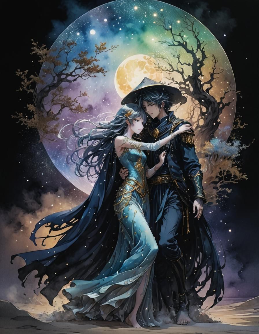 Moonlit Sand Spirits: Ethereal Anime Watercolor Art