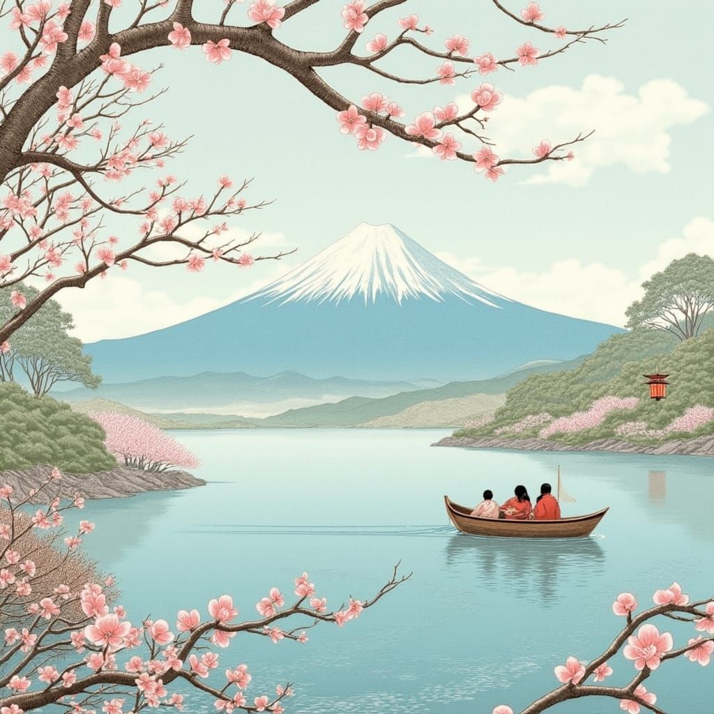 Surreal Japanese Landscape in Soft Blues and Greens