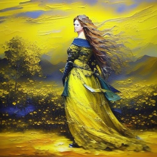 Impressionist Yellow Landscape Painting with Woman in Yellow...