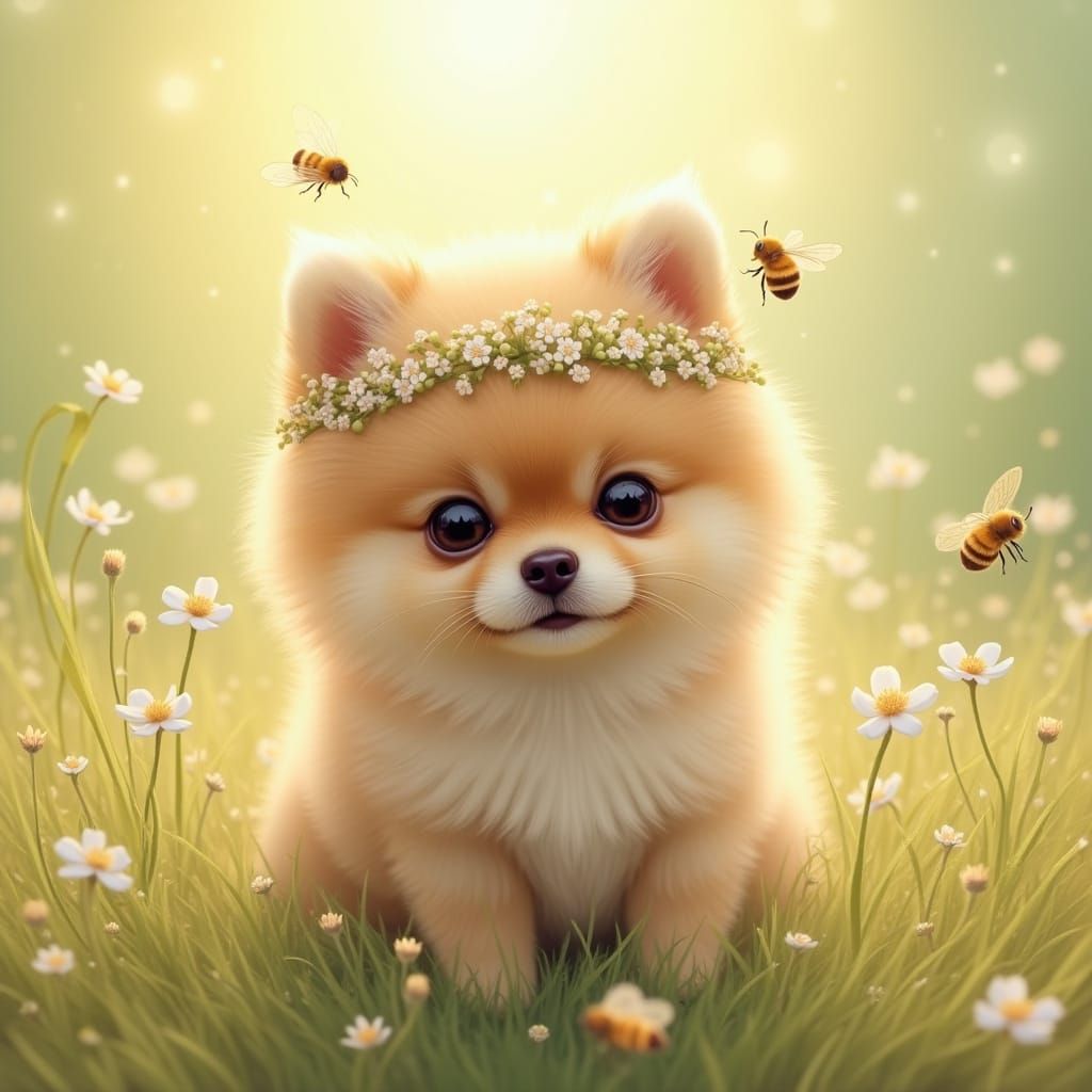 Pomeranian Puppy with Forget-Me-Not Crown in Pastel Style