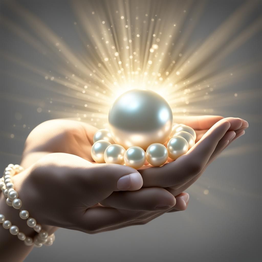 Illuminated Hands Holding Pearls in 3D