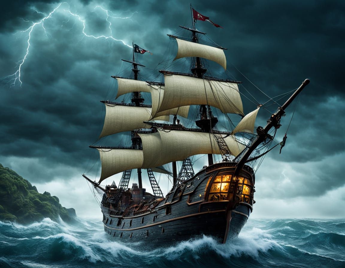 Pirate Ship in a Bottle During Storm: 8K