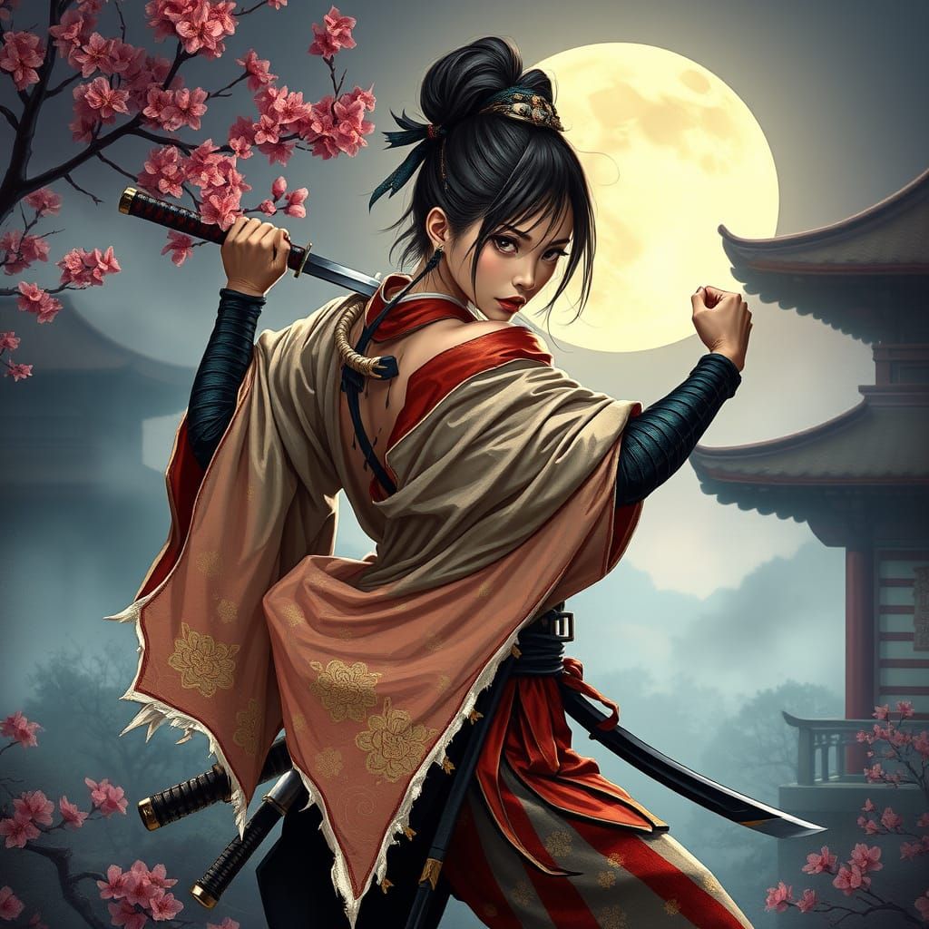 Determined Female Samurai Warrior in Tattered Kimono