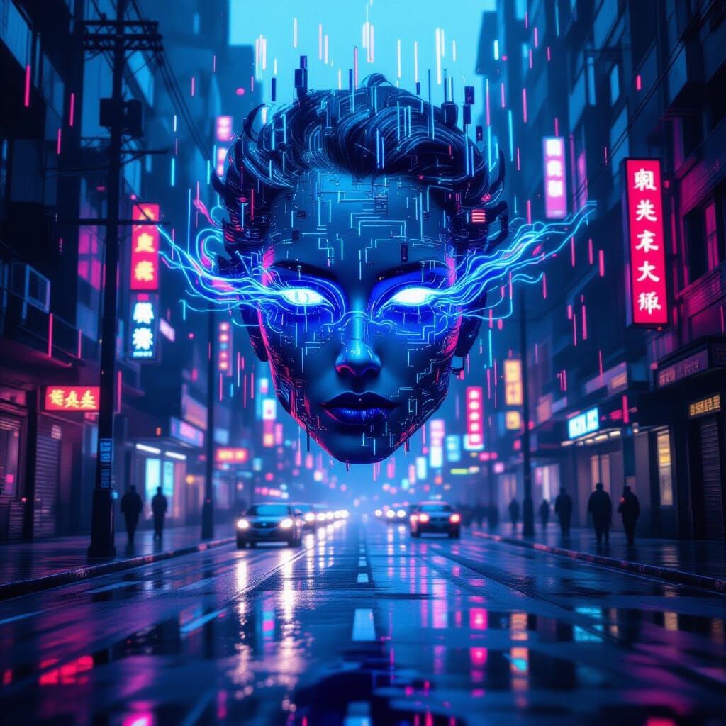 Ethereal Face of Data Streams on Retro-Futuristic Street