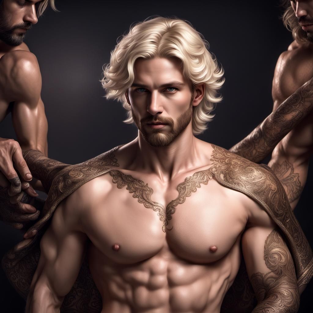 Hyperrealistic Male Aphrodite Dancing with Bearded Man