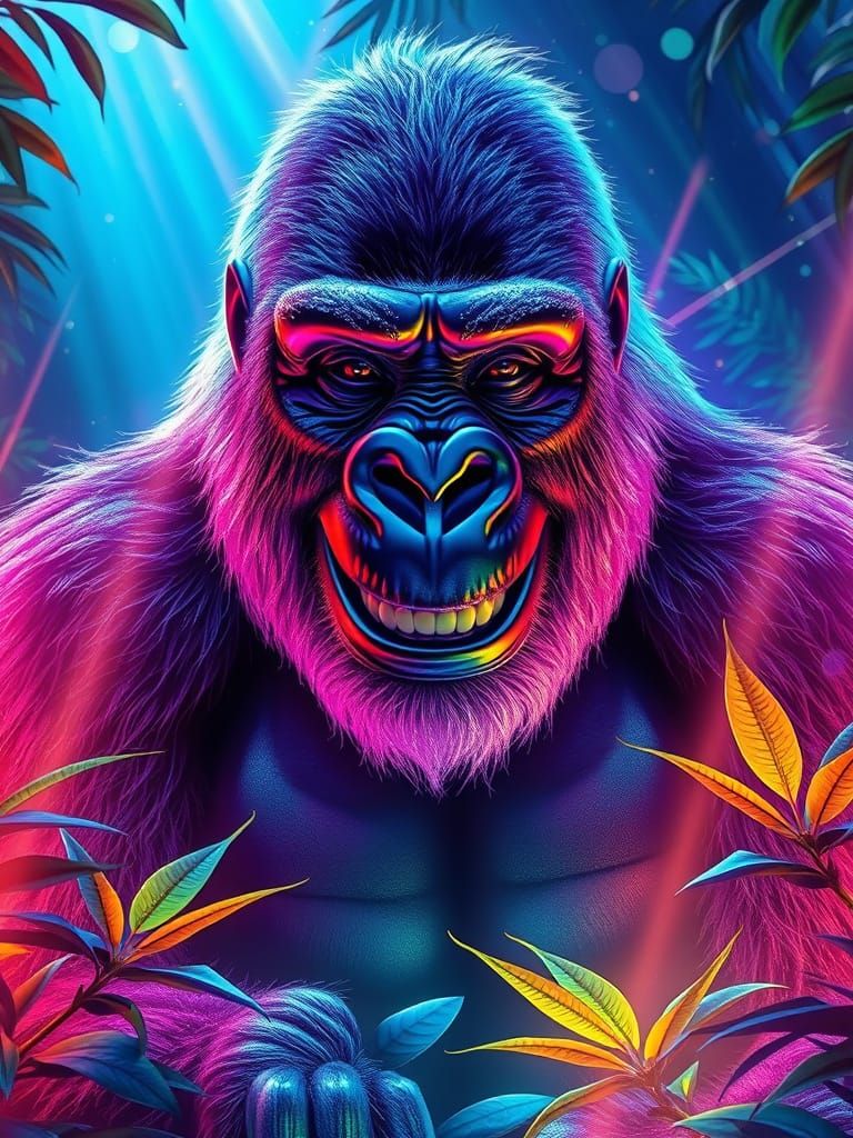 Neon Gorilla in Crystalline Jungle, Futuristic Art