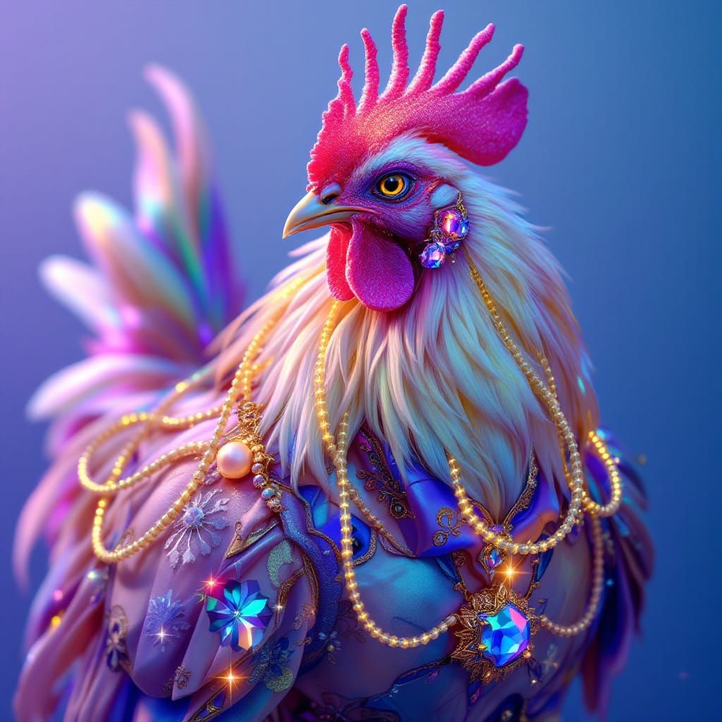 Ornate Hen in Futuristic Silk and Neon Jewelry